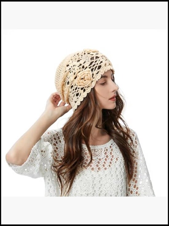 Handmade Cotton Crochet Beanie Slouchy Skull Hat with Floral Motif main image 4